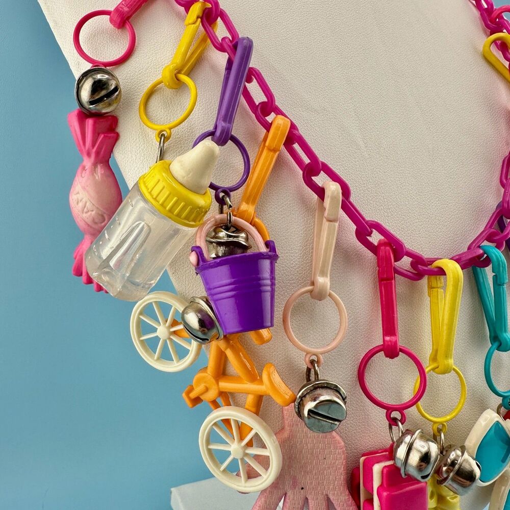 1980s Vintage Bell Clip Charm Necklace 19 Plastic Charms Pink Chain Retro Kid - Picture 3 of 14